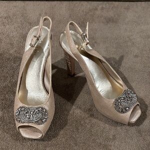 Antonio Melani Gold Peep-Toe Slingback Heels With Rhinestone Accent - Size 8M